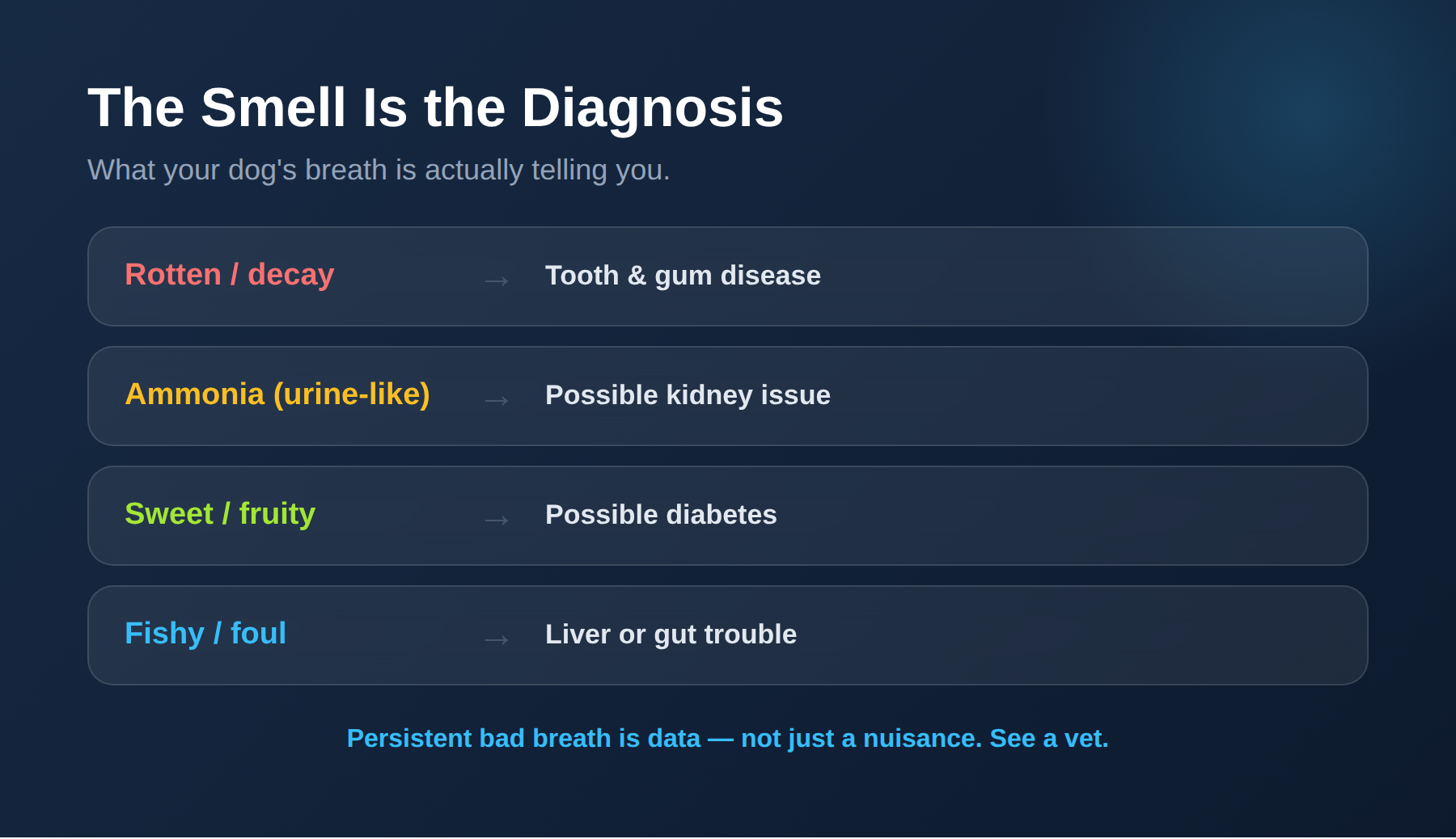 Chart: rotten smell means dental disease, ammonia means kidney, sweet means diabetes, fishy means liver or gut