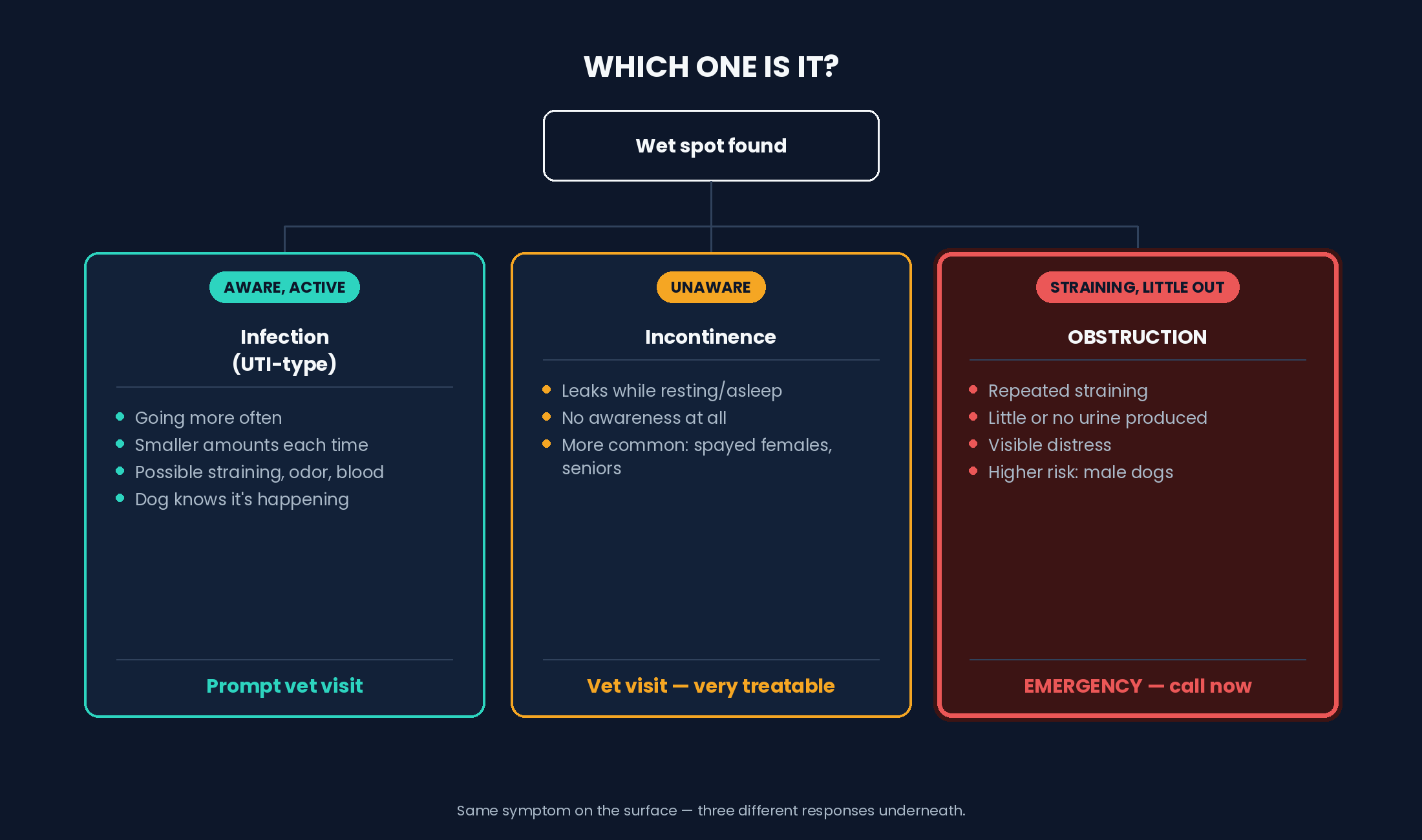 Decision chart: wet spot found leads to three paths -- infection if aware and active, incontinence if unaware, or emergency if straining with little output