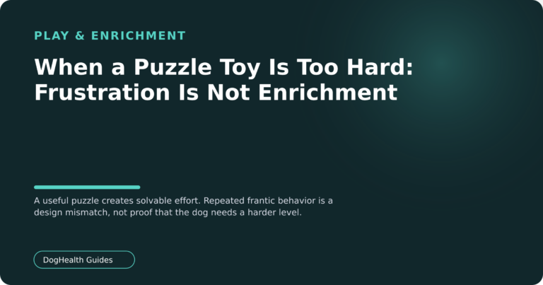 When a Puzzle Toy Is Too Hard: Frustration Is Not Enrichment — A useful puzzle creates solvable effort. Repeated frantic behavior is a design mismatch, not proof that the dog needs a harder level.