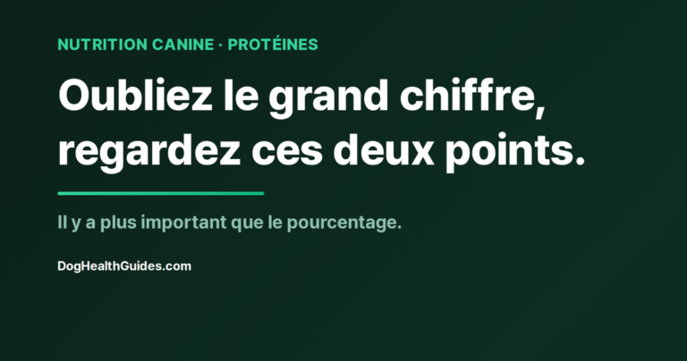 Étiquette d'aliment pour chien avec le pourcentage de protéines entouré, illustrant le mythe des protéines élevées