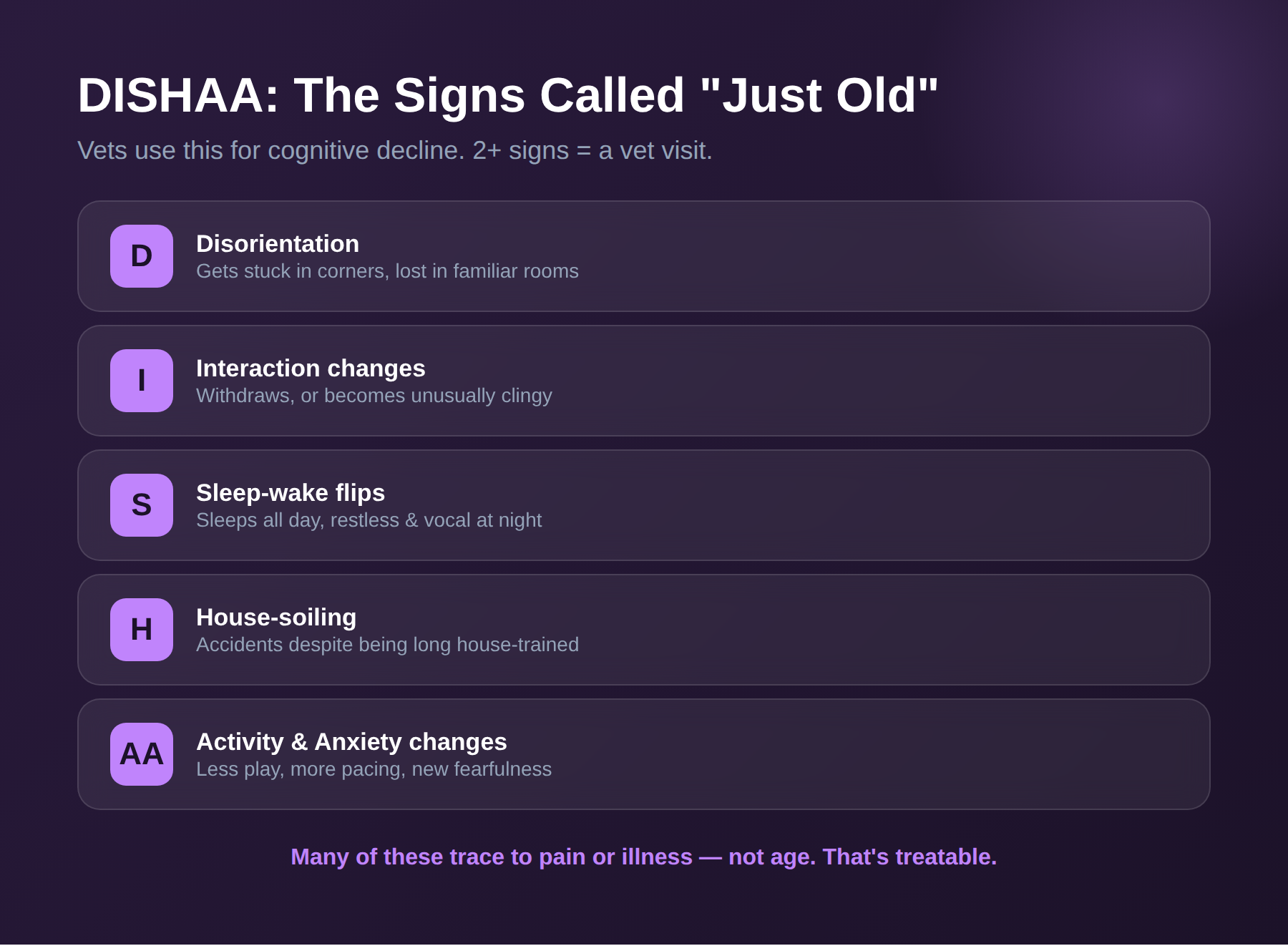 DISHAA checklist for canine cognitive decline: disorientation, interaction, sleep, house-soiling, activity, anxiety