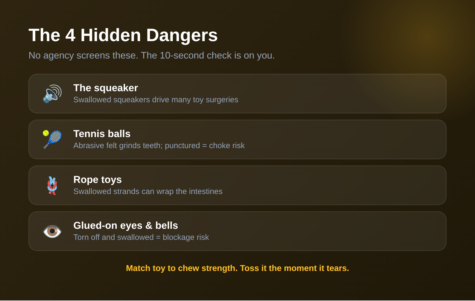 Four hidden toy dangers: squeakers, tennis balls, rope toys, glued-on parts