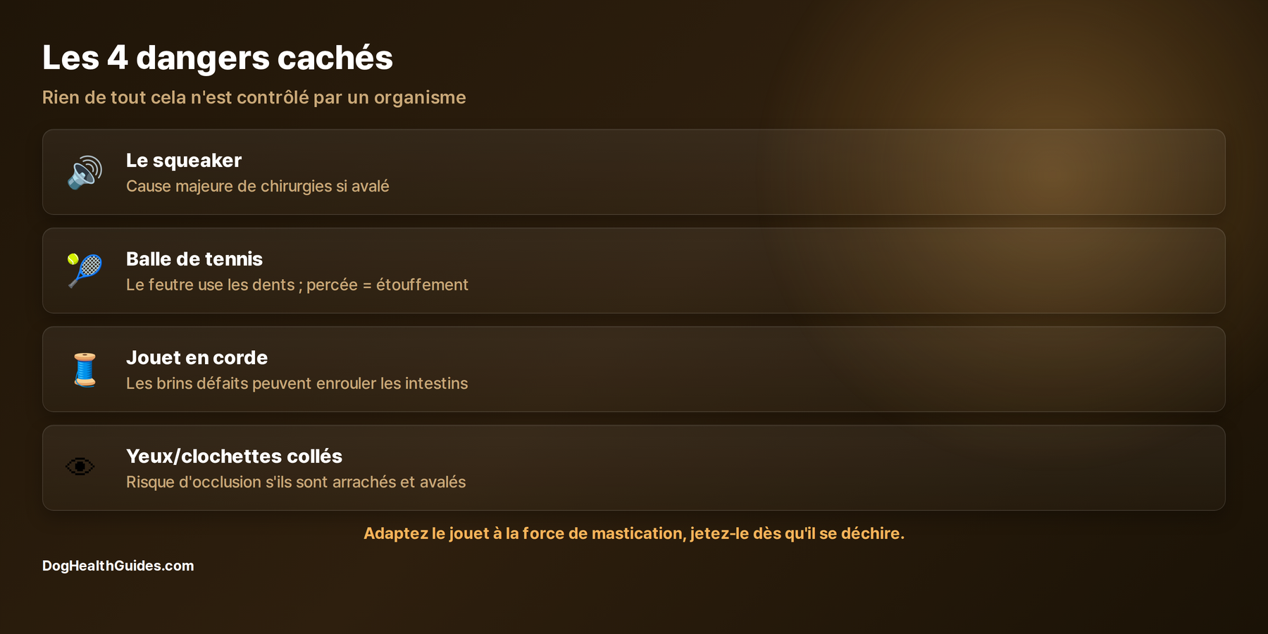 Quatre dangers cachés des jouets : squeaker, balles de tennis, jouets en corde, pièces collées
